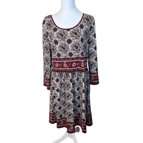 Max Studio 3/4 Sleeve Knee Length Dress Burgundy Cream Floral Boho Artsy Large - Picture 1 of 10